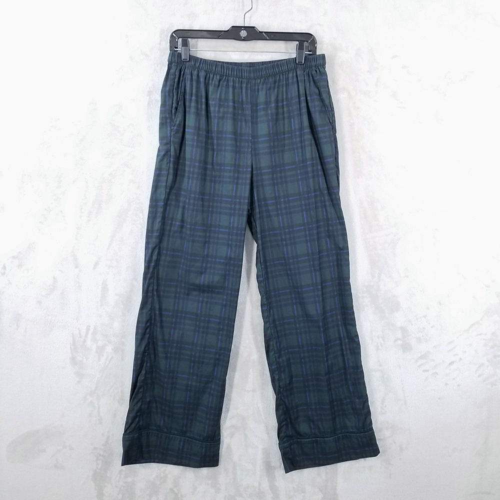 Reformation Lounge Pants Womens M Plaid Wide Leg Green Blue Elastic Waist Pocket